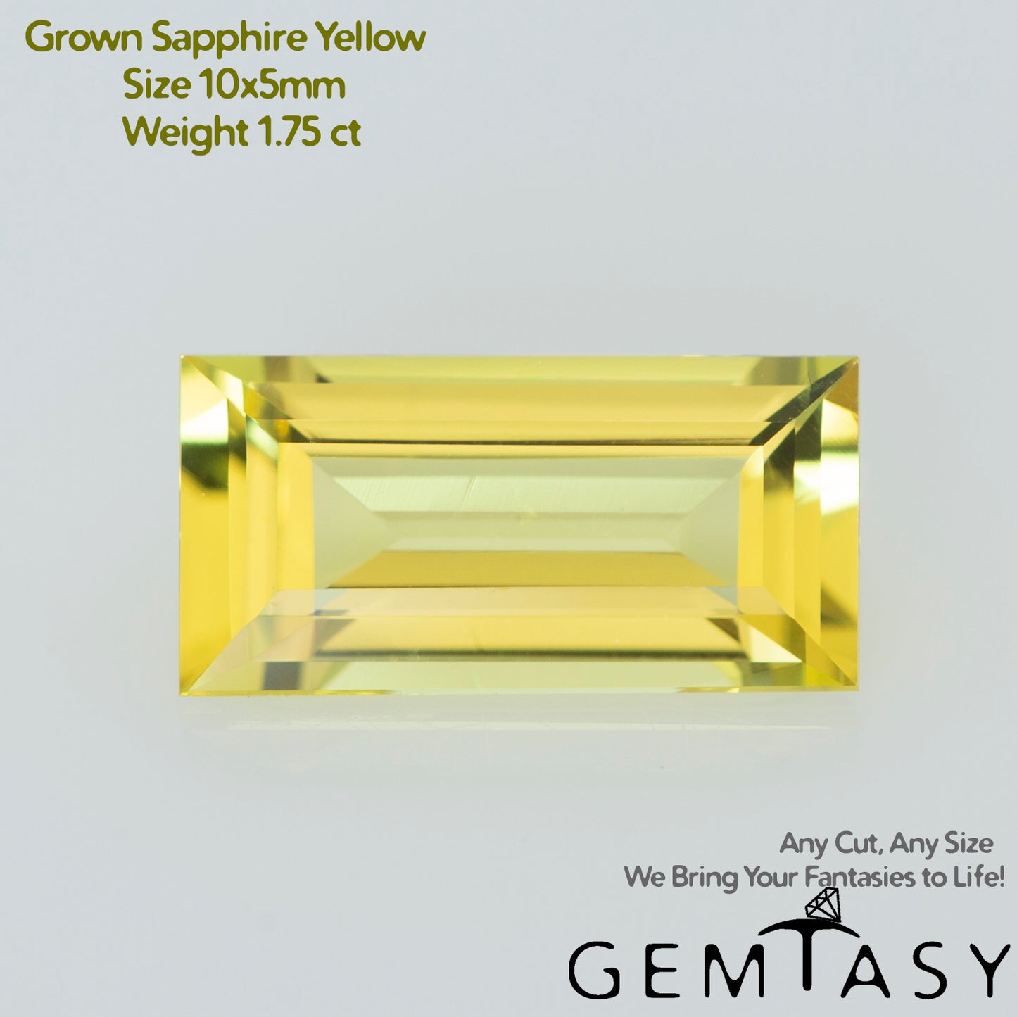 Pierre taillée - Saphir Jaune Czochralski (Tiré) cultivé en laboratoire, facette Baguette 10x5mm 1.75ct