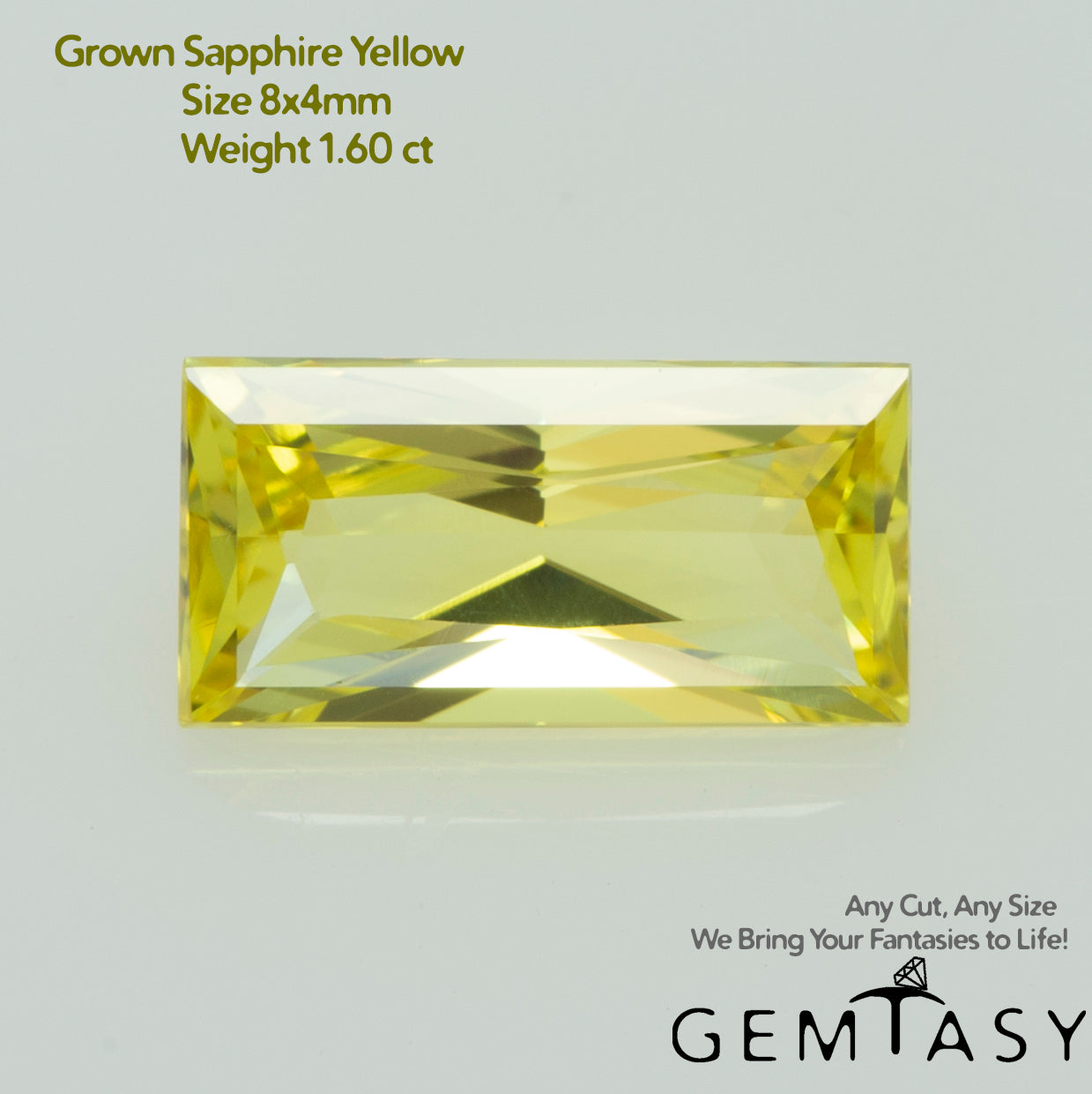 Cut stone - Sapphire Yellow Czochralski (Pulled) lab grown, facet Baguette 8x4mm 1.60ct