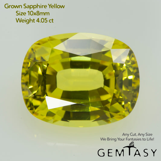 Cut stone - Sapphire Yellow Czochralski (Pulled) lab grown, facet Cushion 10x8mm 4.05ct