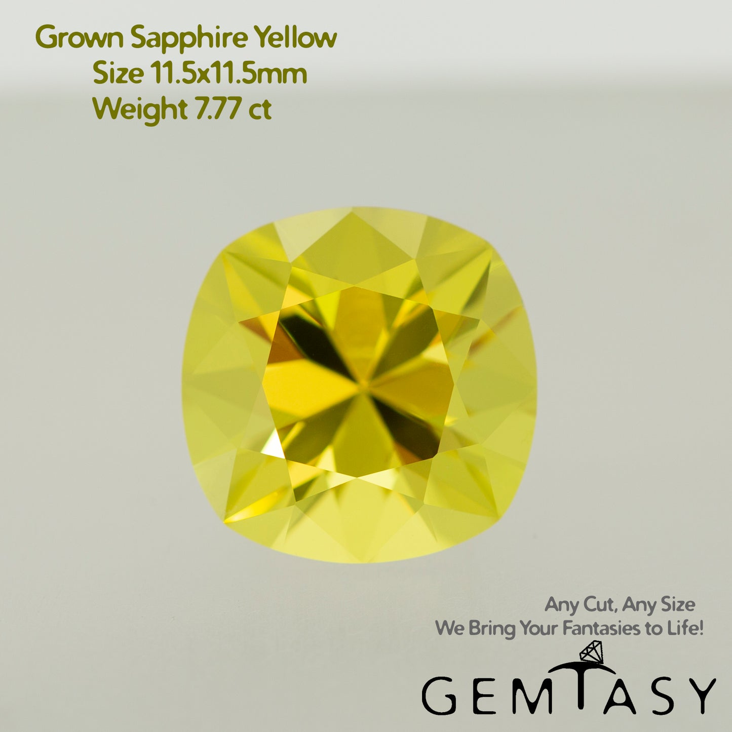 Cut stone - Sapphire Yellow Czochralski (Pulled) lab grown, facet Cushion 11.5x11.5mm 7.77ct