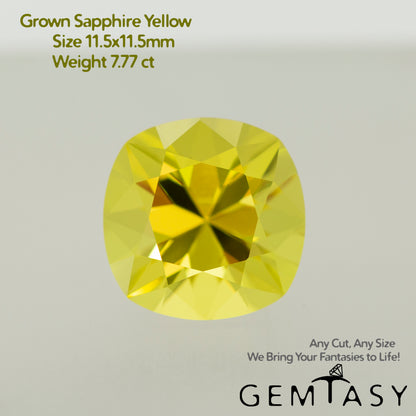 Cut stone - Sapphire Yellow Czochralski (Pulled) lab grown, facet Cushion 11.5x11.5mm 7.77ct