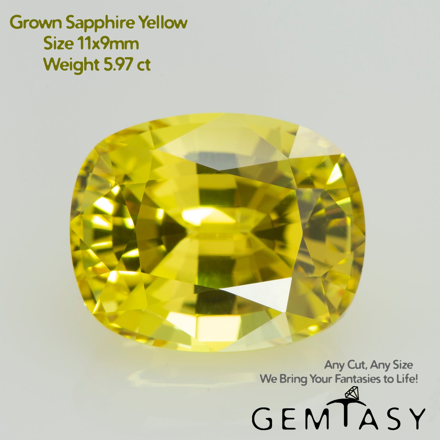 Cut stone - Sapphire Yellow Czochralski (Pulled) lab grown, facet Cushion 11x9mm 5.97ct