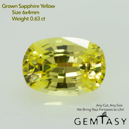 Cut stone - Sapphire Yellow Czochralski (Pulled) lab grown, facet Cushion 6x4mm 0.63ct