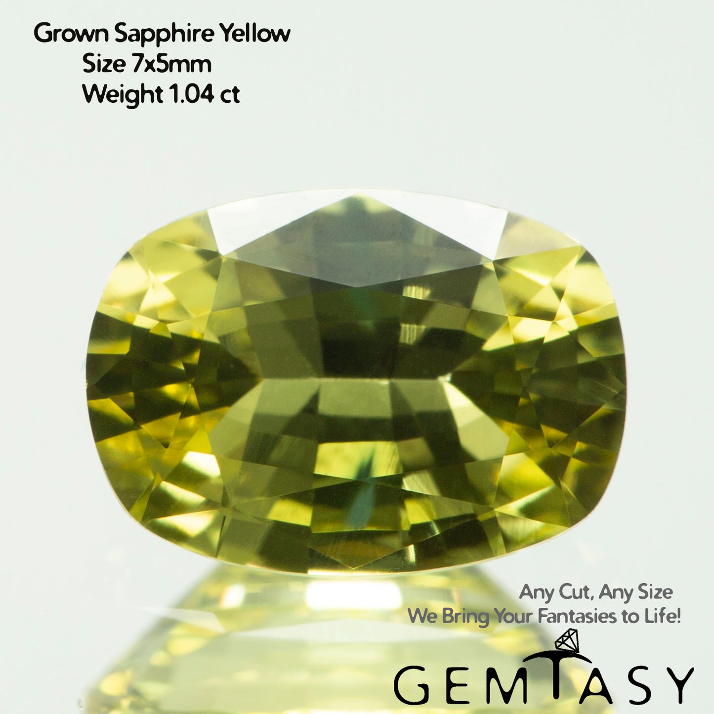 Cut stone - Sapphire Yellow Czochralski (Pulled) lab grown, facet Cushion 7x5mm 1.04ct