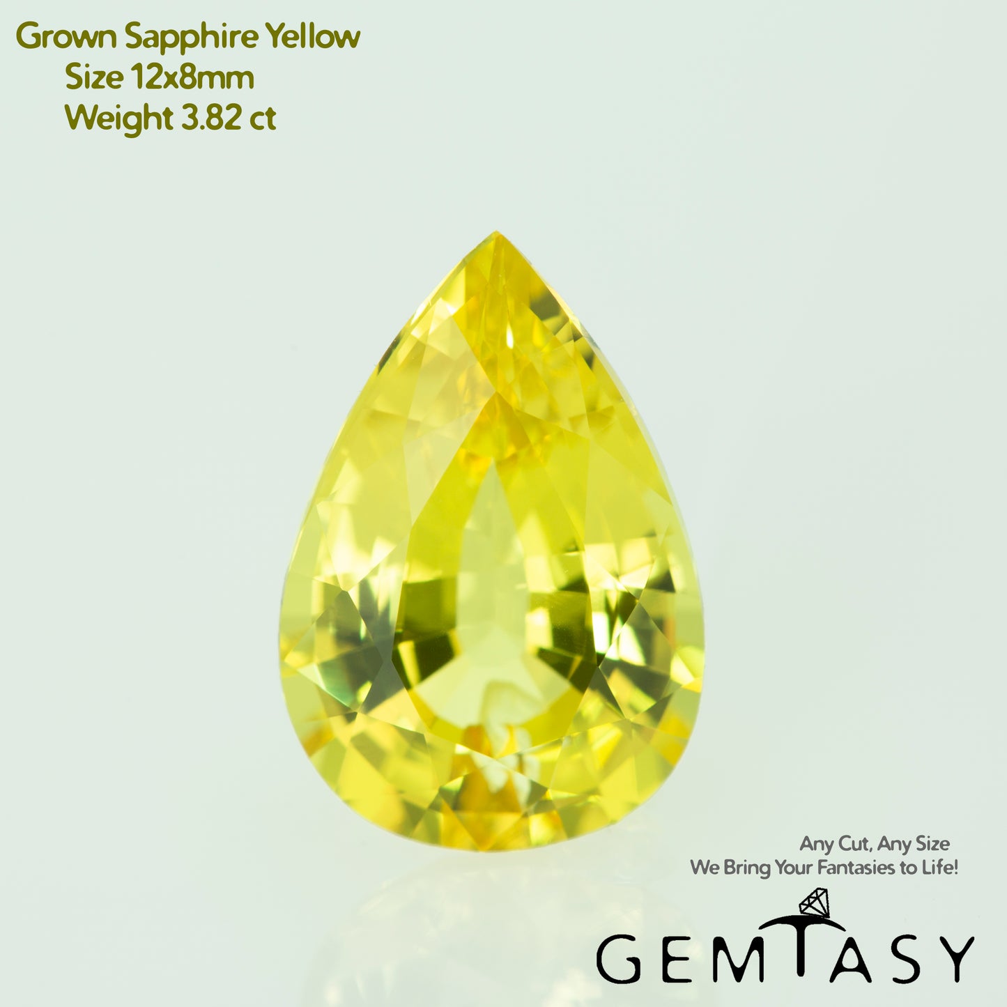 Cut stone - Sapphire Yellow Czochralski (Pulled) lab grown, facet Pear 12x8mm 3.82ct