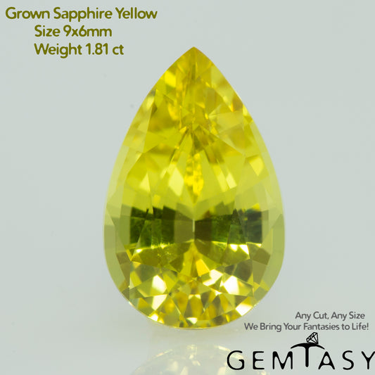 Cut stone - Sapphire Yellow Czochralski (Pulled) lab grown, facet Pear 9x6mm 1.81ct