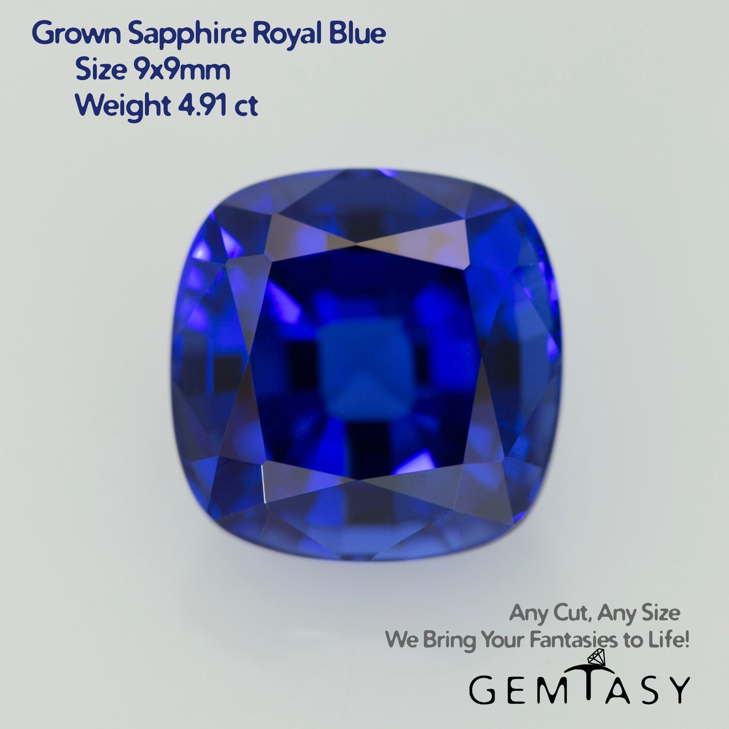 Cut stone - Sapphire Royal Blue Czochralski (Pulled) lab grown, facet Cushion 9x9mm 4.91ct