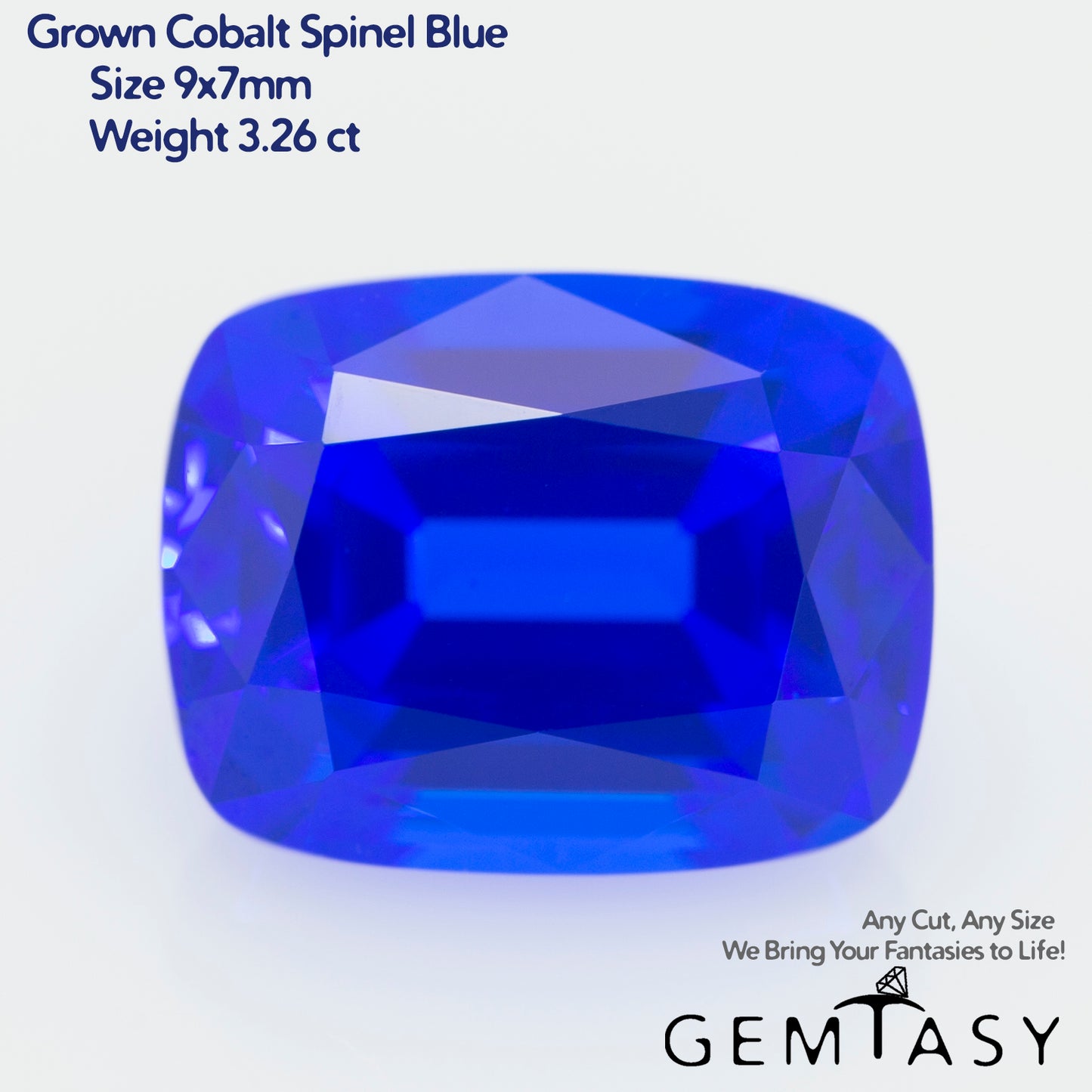 Pierre taillée - Spinelle Bleu Czochralski (Tiré) cultivé en laboratoire, facette Coussin 9x7mm 3,26ct