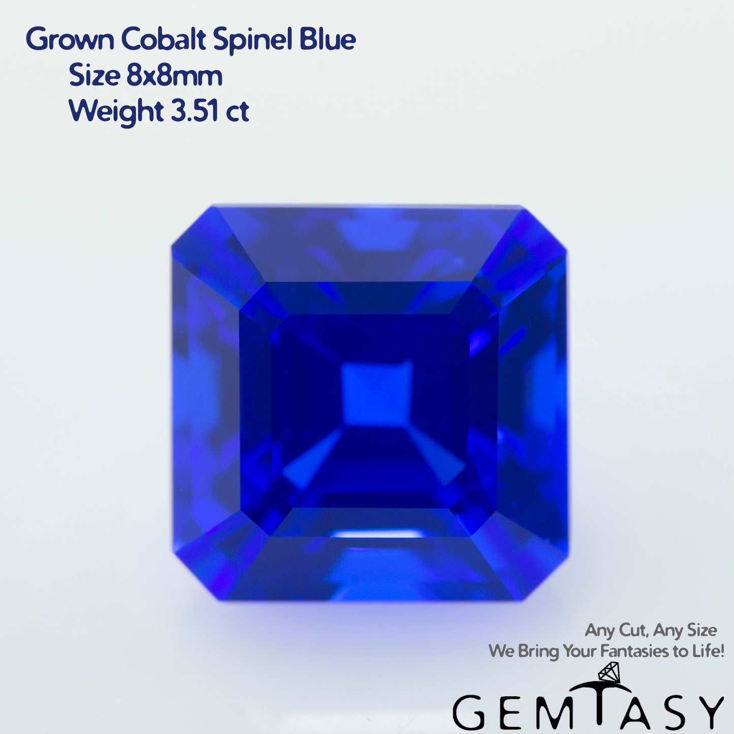 Piedra tallada - Espinel Azul Czochralski (Extraído) cultivado en laboratorio, facetado Cojín 8x8 mm 3,51ct