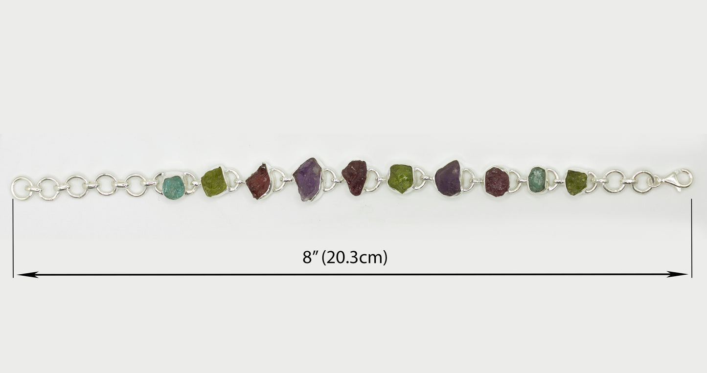 Natural Aquamarine, Peridot, Garnet, Amethyst Silver 925 Jewelry Bracelet 8"