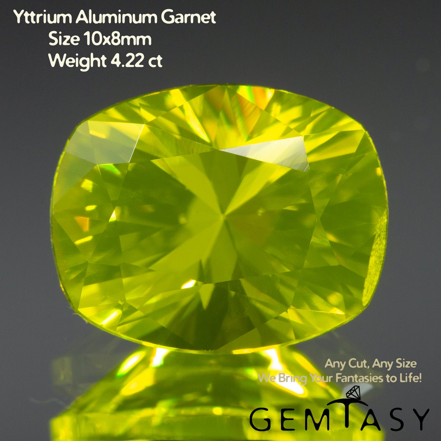 Cut stone - YAG Yellow neon Czochralski (Pulled) lab grown, facet Cushion 10x8mm 4.22ct