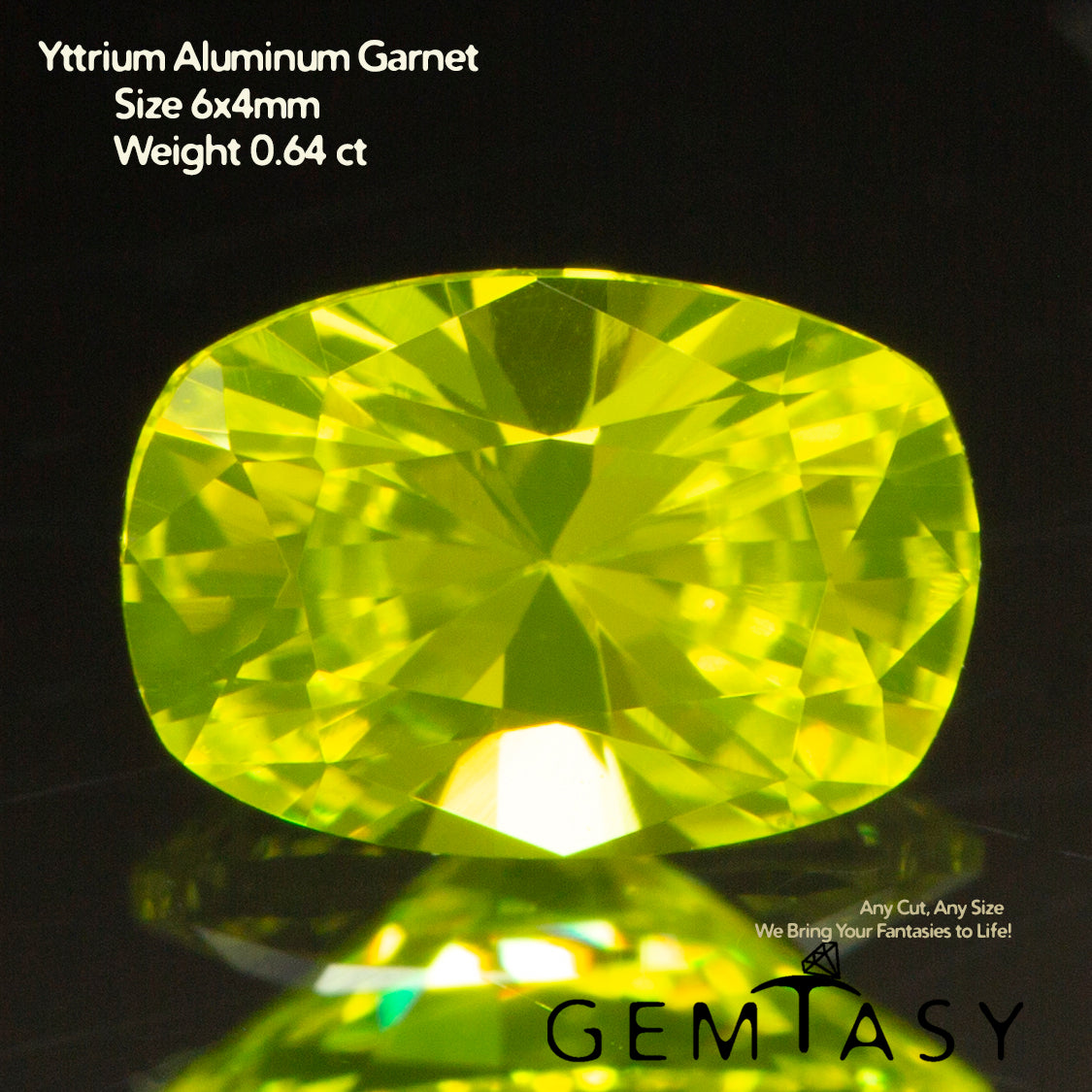 Cut stone - YAG Yellow neon Czochralski (Pulled) lab grown, facet Cushion 6x4mm 0.48-0.64ct