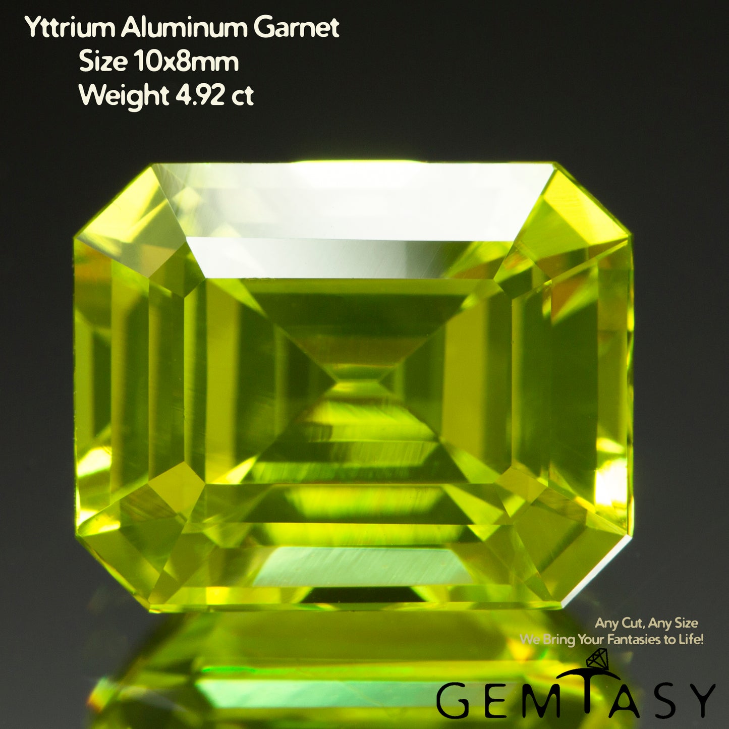 Cut stone - YAG Yellow neon Czochralski (Pulled) lab grown, facet Octagon 10x8mm 4.92-5.41ct