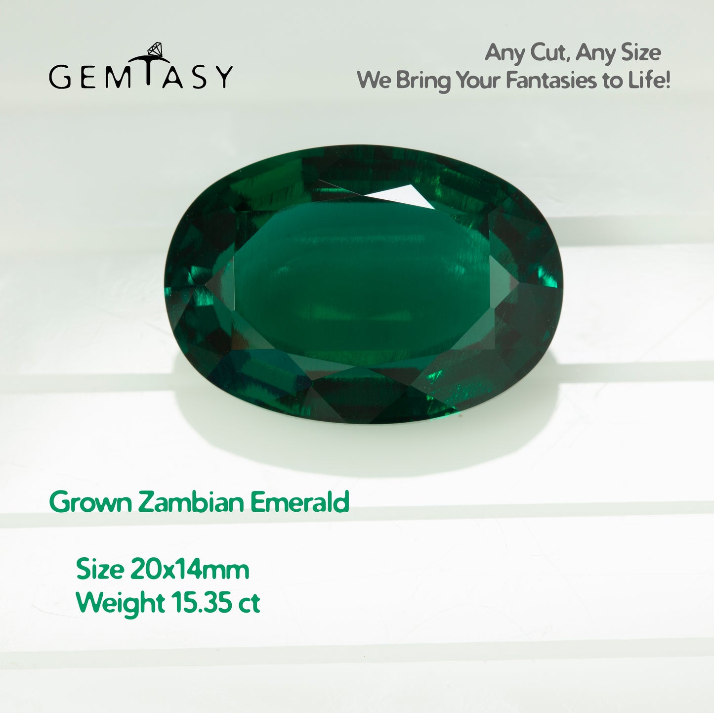 Cut stone - Emerald Zambian hydrothermal lab grown, facet Oval 20x14mm 15.35ct