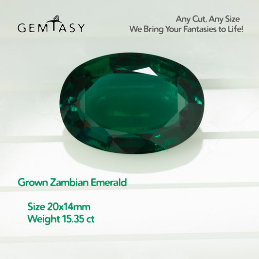 Cut stone - Emerald Zambian hydrothermal lab grown, facet Oval 20x14mm 15.35ct