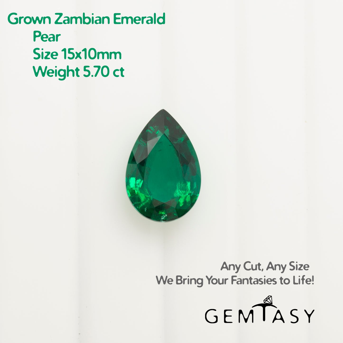 Cut stone - Emerald Zambian hydrothermal lab grown, facet Pear 15x10mm 5.70ct