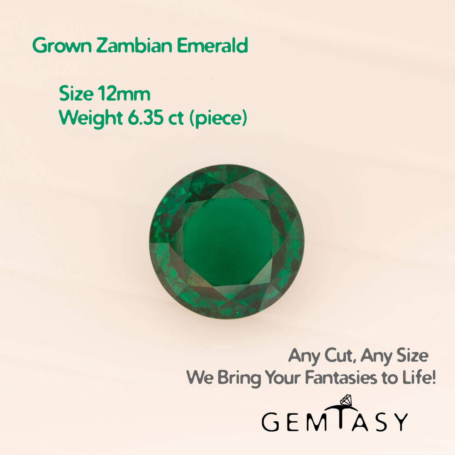 Cut stone - Emerald Zambian hydrothermal lab grown, facet Round 12mm 6.25-6.35ct