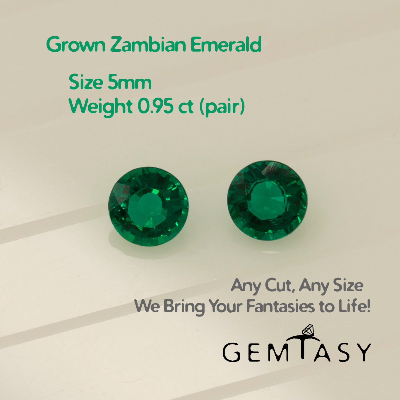 Cut stone - Emerald Zambian hydrothermal lab grown, facet Round 5mm 0.95ct (pair)