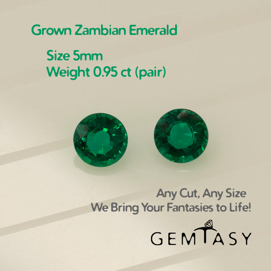 Cut stone - Emerald Zambian hydrothermal lab grown, facet Round 5mm 0.95ct (pair)