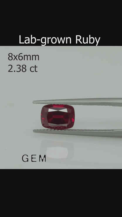 Cut stone - Ruby Pigeon blood Czochralski (Pulled) lab grown, facet Cushion 8x6mm 2.38ct