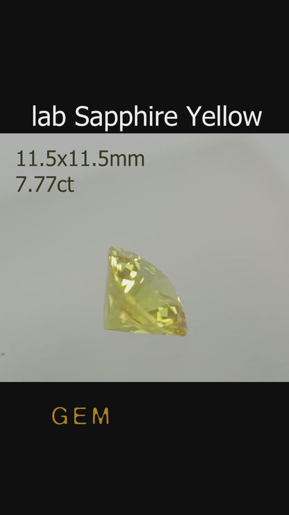 Cut stone - Sapphire Yellow Czochralski (Pulled) lab grown, facet Cushion 11.5x11.5mm 7.77ct