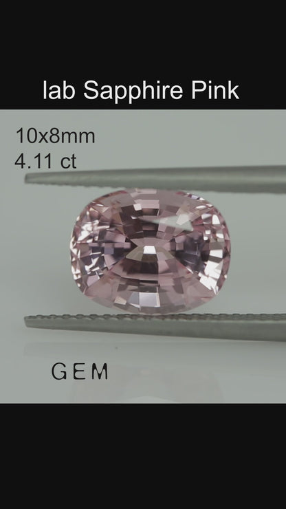 Cut stone - Sapphire Pink light Czochralski (Pulled) lab grown, facet Cushion 10x8mm 4.11ct