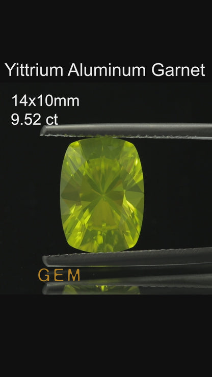 Cut stone - YAG Yellow neon Czochralski (Pulled) lab grown, facet Cushion 14x10mm 9.52ct