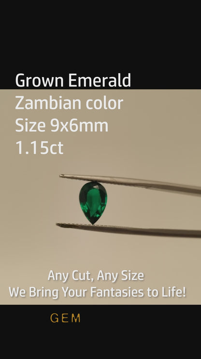 Cut stone - Emerald Zambian hydrothermal lab grown, facet Pear 9x6mm 2.3ct (pair)