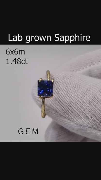 Cut stone - Sapphire Royal Blue Czochralski (Pulled) lab grown, facet Princess 6x6mm 1.48ct