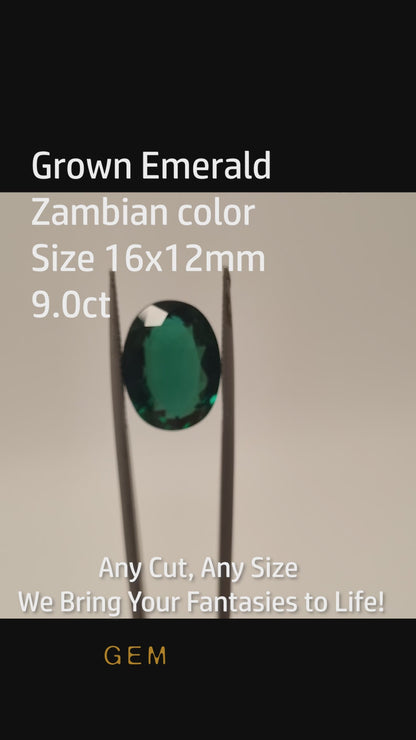 Cut stone - Emerald Zambian hydrothermal lab grown, facet Oval 16x12mm 9ct