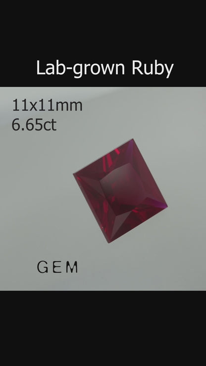 Cut stone - Ruby Pigeon blood Czochralski (Pulled) lab grown, facet Princess 11x11mm 6.65ct