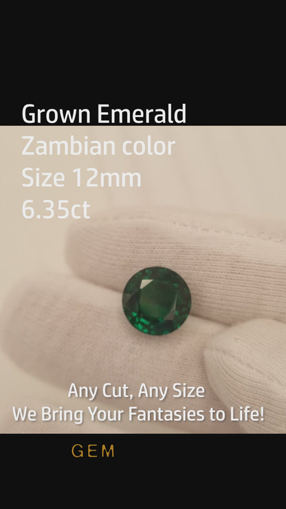 Pierre taillée - Émeraude zambienne cultivée en laboratoire, facette Ronde 12mm 6.25-6.35ct