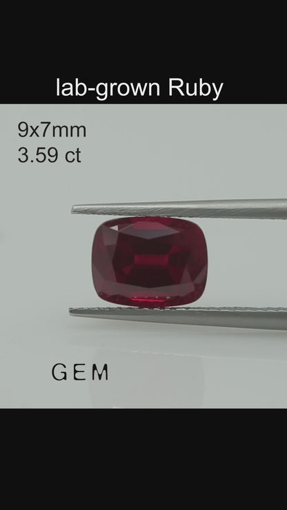 Cut stone - Ruby Pigeon blood Czochralski (Pulled) lab grown, facet Cushion 9x7mm 3.59ct