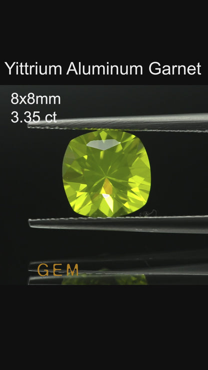 Cut stone - YAG Yellow neon Czochralski (Pulled) lab grown, facet Cushion 8x8mm 3.35ct