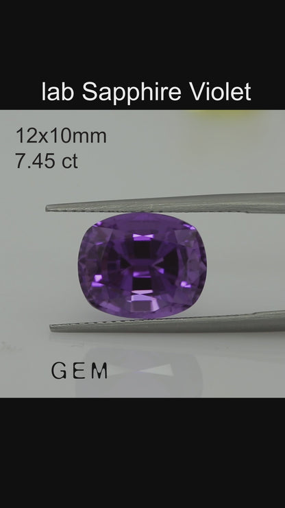 Pierre taillée - Saphir Violet Czochralski (Tiré) cultivé en laboratoire, facette Coussin 12x10mm 7.45ct