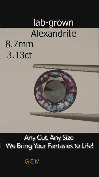 Pierre taillée - Alexandrite Czochralski (Tirée) cultivée en laboratoire, facette Ronde 8,7mm 3,13ct