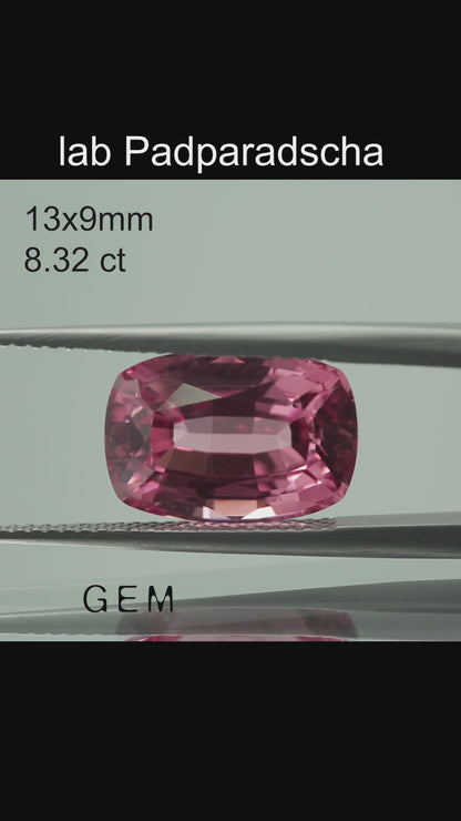 Cut stone - Sapphire Padparadscha Czochralski (Pulled) lab grown, facet Cushion 13x9mm 8.32ct