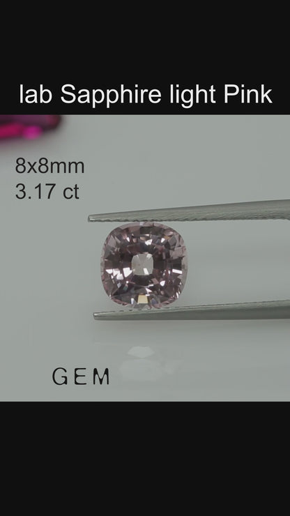 Cut stone - Sapphire Pink light Czochralski (Pulled) lab grown, facet Cushion 8x8mm 3.17ct