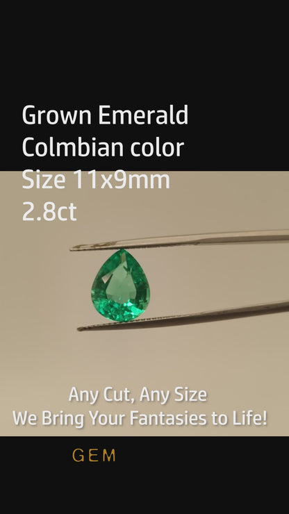 Cut stone - Emerald Colombian hydrothermal lab grown, facet Drop 11x9mm 2.8ct