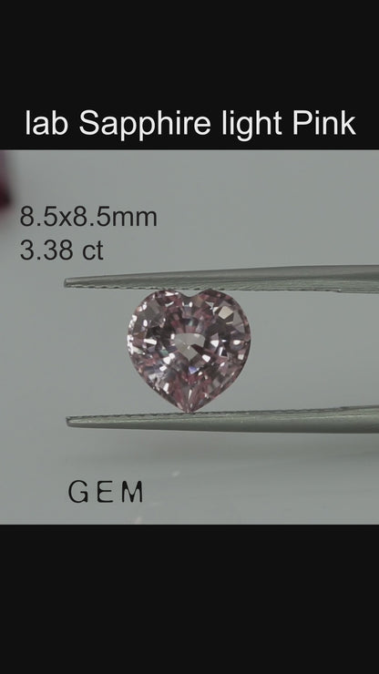 Cut stone - Sapphire Pink light Czochralski (Pulled) lab grown, facet Heart 8.5x8.5mm 3.38ct