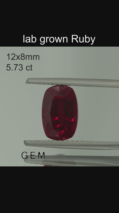 Cut stone - Ruby Pigeon blood Czochralski (Pulled) lab grown, facet Cushion 12x8mm 5.12-5.73ct