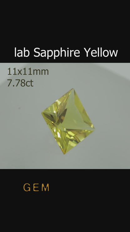 Cut stone - Sapphire Yellow Czochralski (Pulled) lab grown, facet Princess 11x11mm 7.78ct