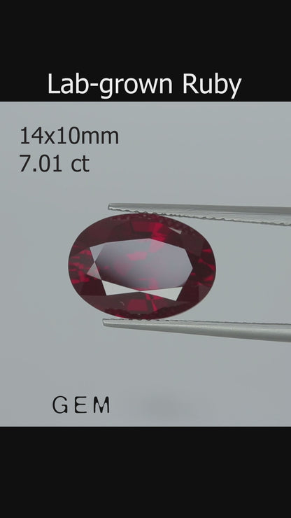 Cut stone - Ruby Pigeon blood Czochralski (Pulled) lab grown, facet Oval 14x10mm 7.01ct