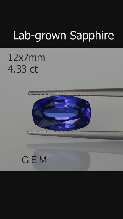 Cut stone - Sapphire Royal Blue Czochralski (Pulled) lab grown, facet Cushion 12x7mm 4.33ct