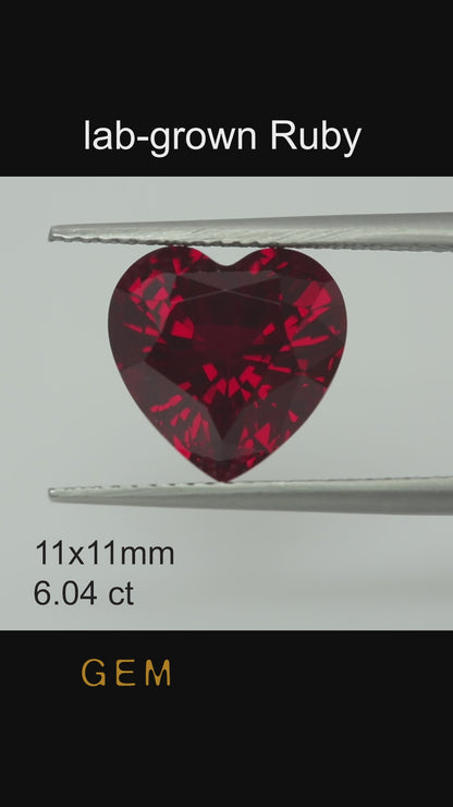 Cut stone - Ruby Pigeon blood Czochralski (Pulled) lab grown, facet Heart 11x11mm 6.04ct