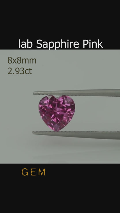 Cut stone - Sapphire Pink Czochralski (Pulled) lab grown, facet Heart 8x8mm 2.93ct