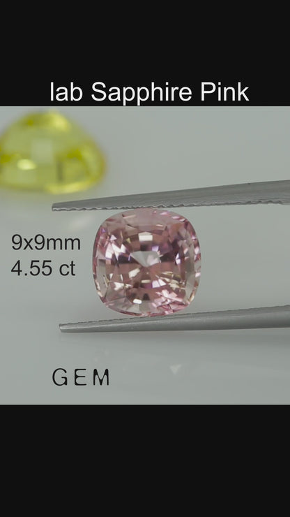 Cut stone - Sapphire Pink light Czochralski (Pulled) lab grown, facet Cushion 9x9mm 4.55ct