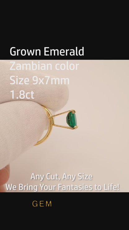 Cut stone - Emerald Zambian hydrothermal lab grown, facet Oval 9x7mm 1.8ct