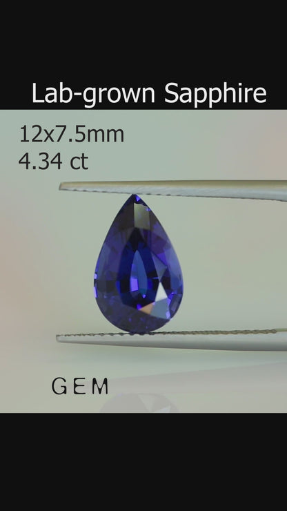 Cut stone - Sapphire Royal Blue Czochralski (Pulled) lab grown, facet Pear 12x7.5mm 4.34ct