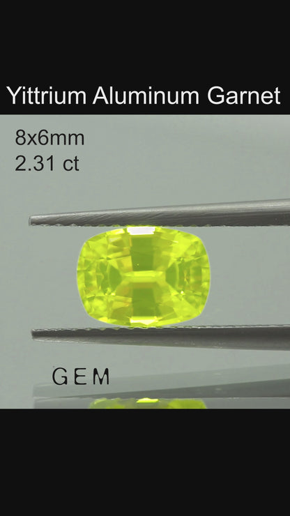 Cut stone - YAG Yellow neon Czochralski (Pulled) lab grown, facet Cushion 8x6mm 2.31ct